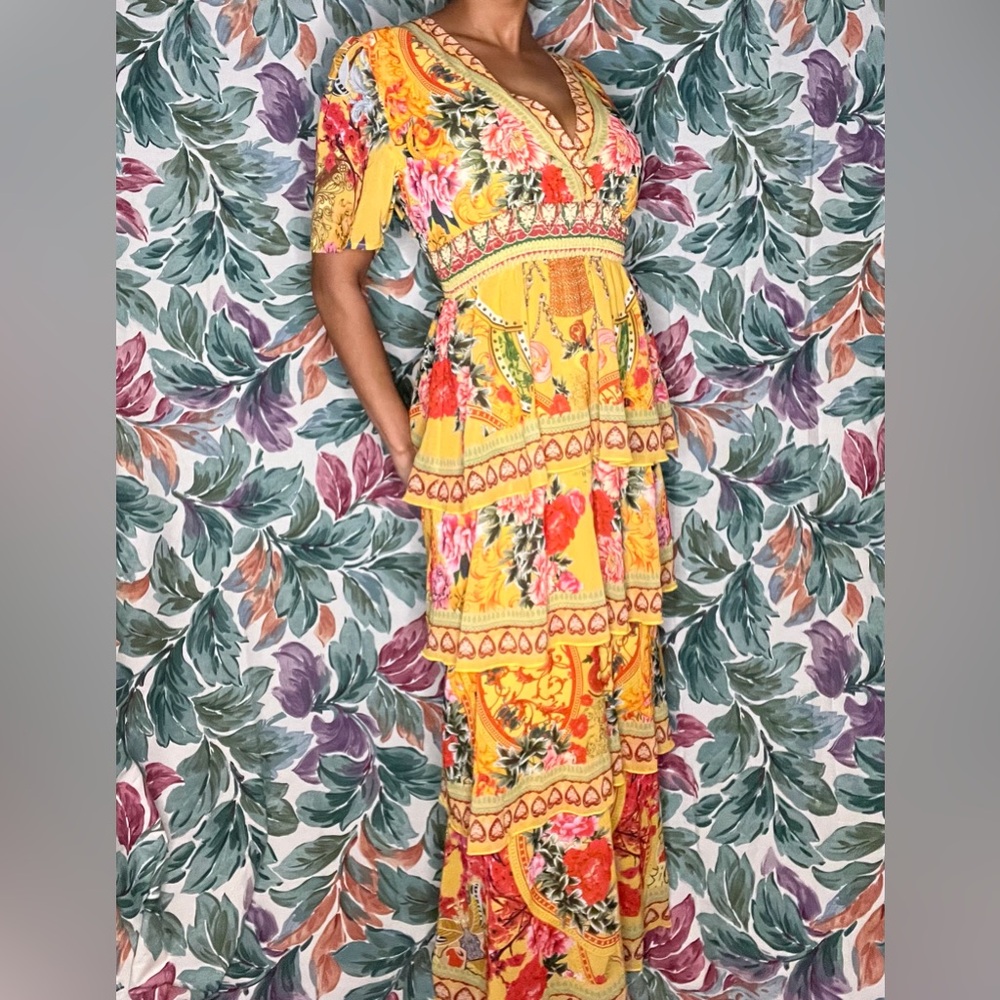 Yellow Handmade Ruffle Floral Maxi Dress - Picture 2 of 5